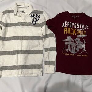 Aeropostale Men Striped Gray Polo Shirt and Maroon Graphic Tee Rock Shop Drums